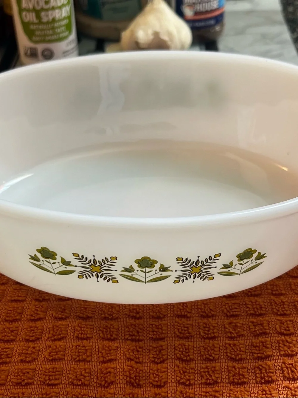 White Casserole Dish with Green Floral Border - Classic Milk Glass